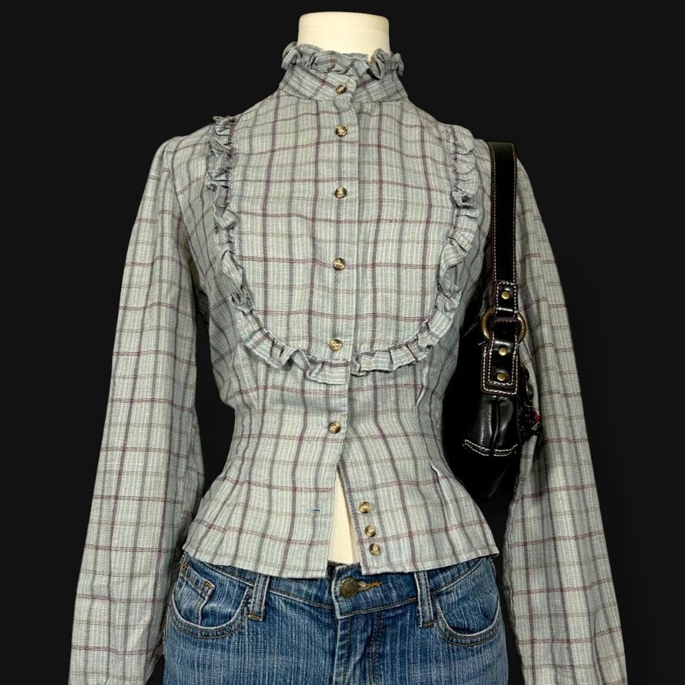 Vintage Hunters Run Plaid Button Up Top Ruffle Stand Collar Womens 9 Victorian